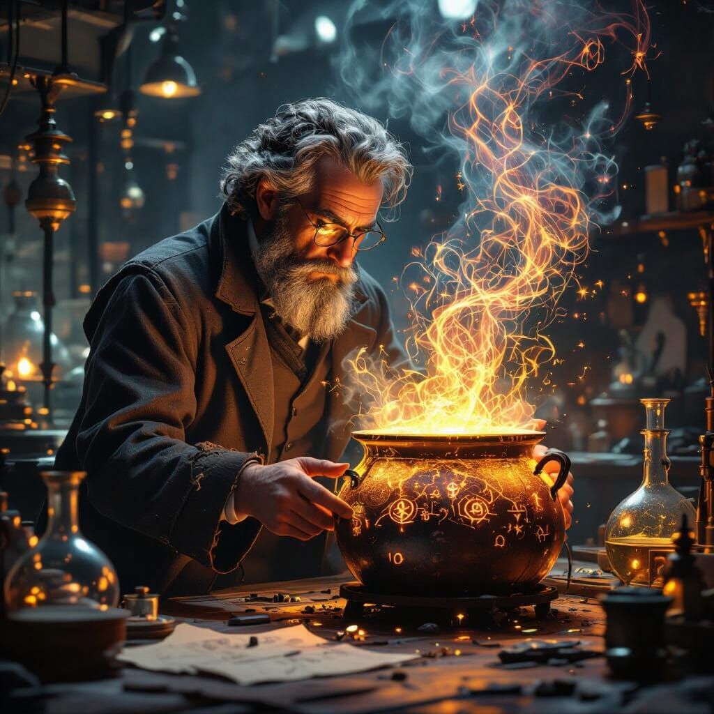 Scientist Hunched Over Glowing Cauldron in Dim Lab