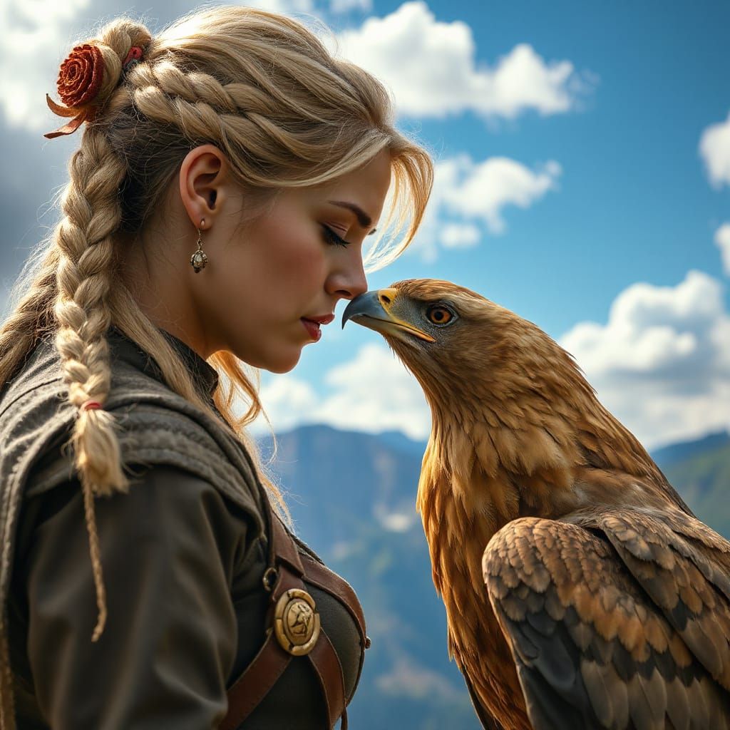 Fantasy Beast Master and Golden Eagle in Tender Moment