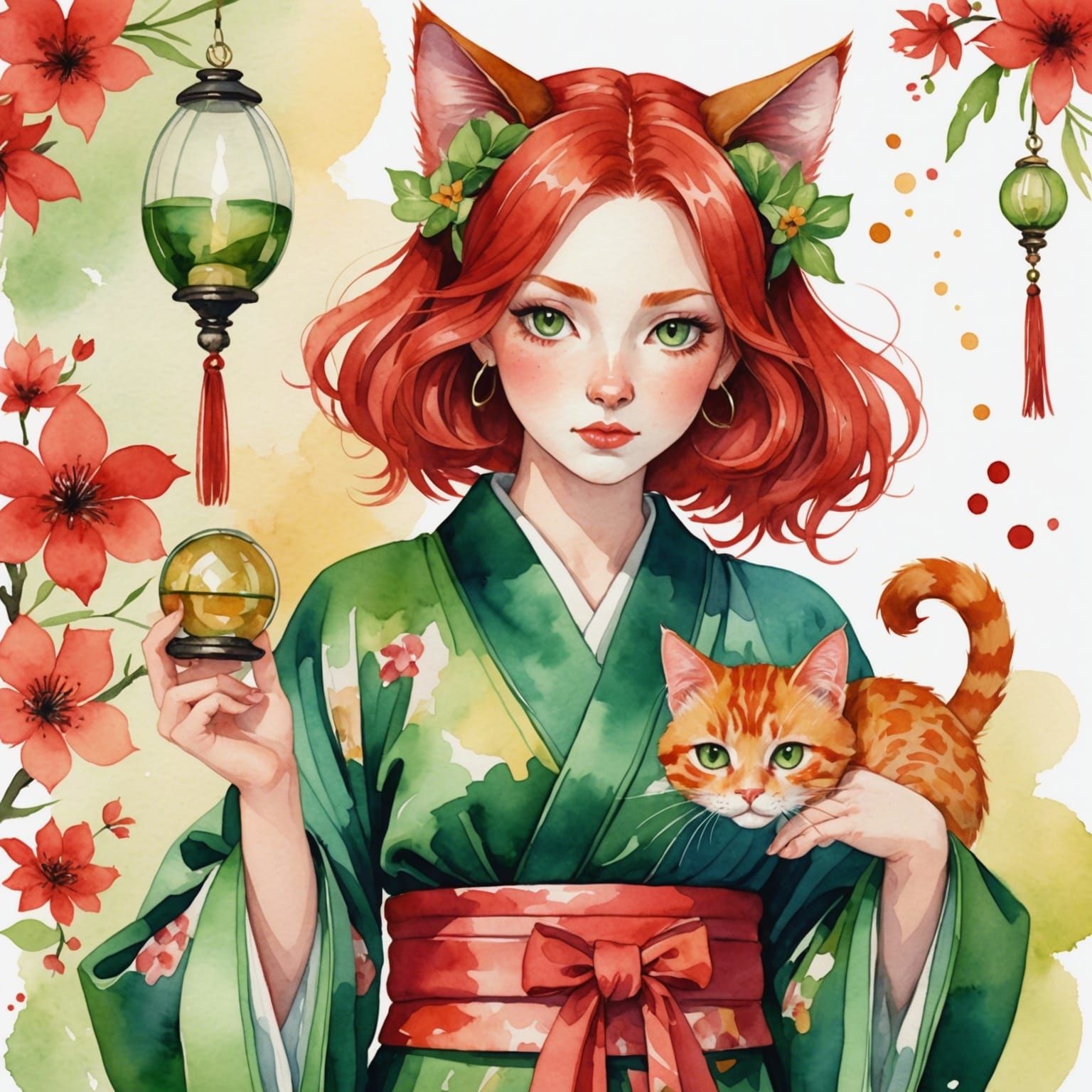 Watercolor Portrait of Cat-Eared Woman in Kimono
