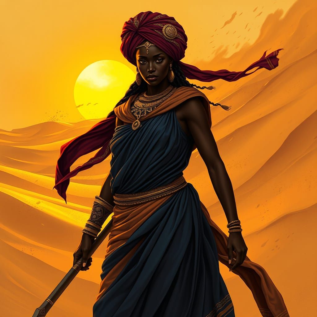 Regal Ebony Warrior Queen in Turbulent Desert Landscape