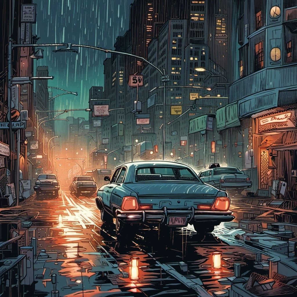 City Car at Night in Comic Book Style