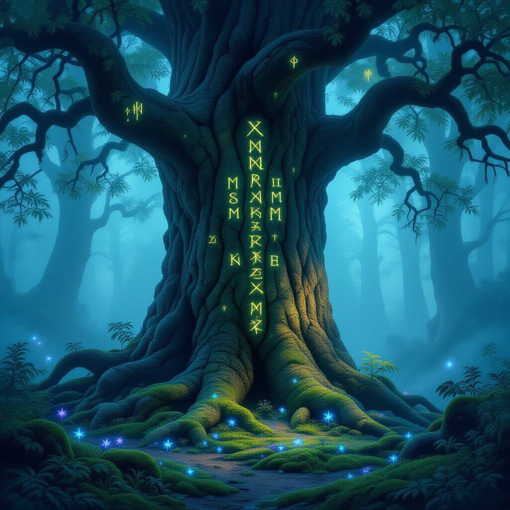 Ancient Rune Tree in Ethereal Forest