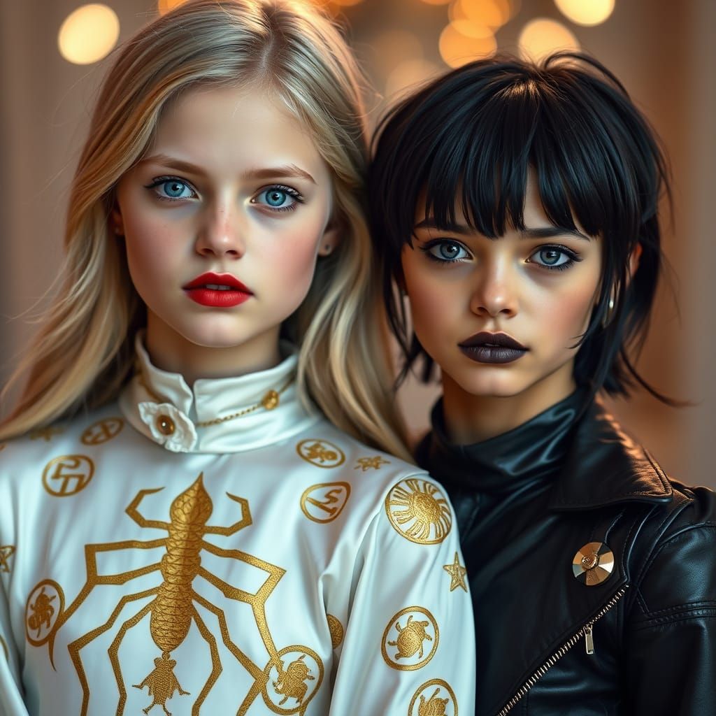 Twin Sisters in Ethereal Beauty, One in Golden Silk, the Oth...