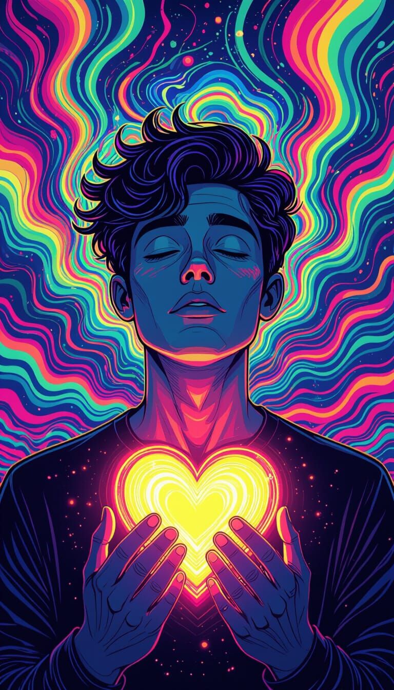 Person Radiating Neon Heart Light in Psychedelic Comic Style