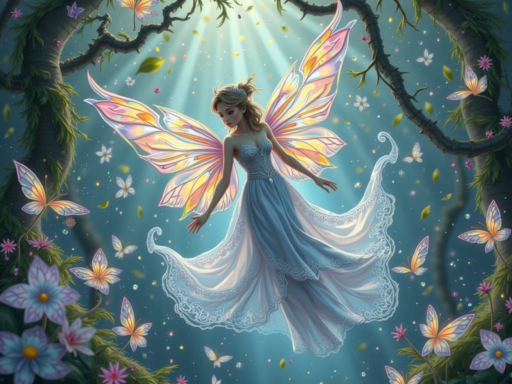 Ethereal Fairy in Dreamlike Forest, Watercolour Art