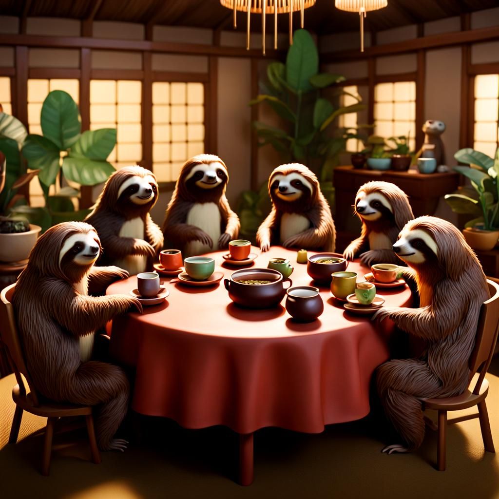 Anthropomorphic Sloths Tea Ceremony in Claymation Anime