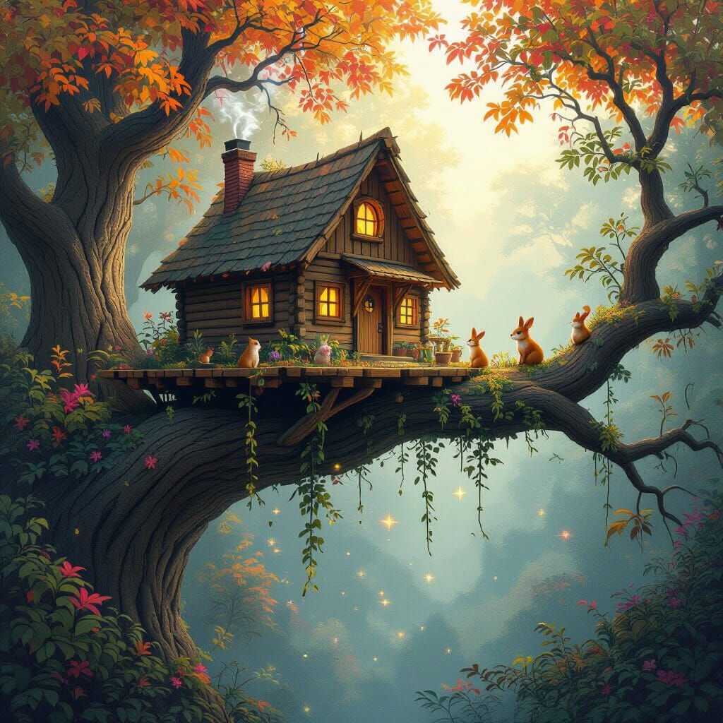 Whimsical Cabin in Tree with Colorful Foliage: Photorealisti...