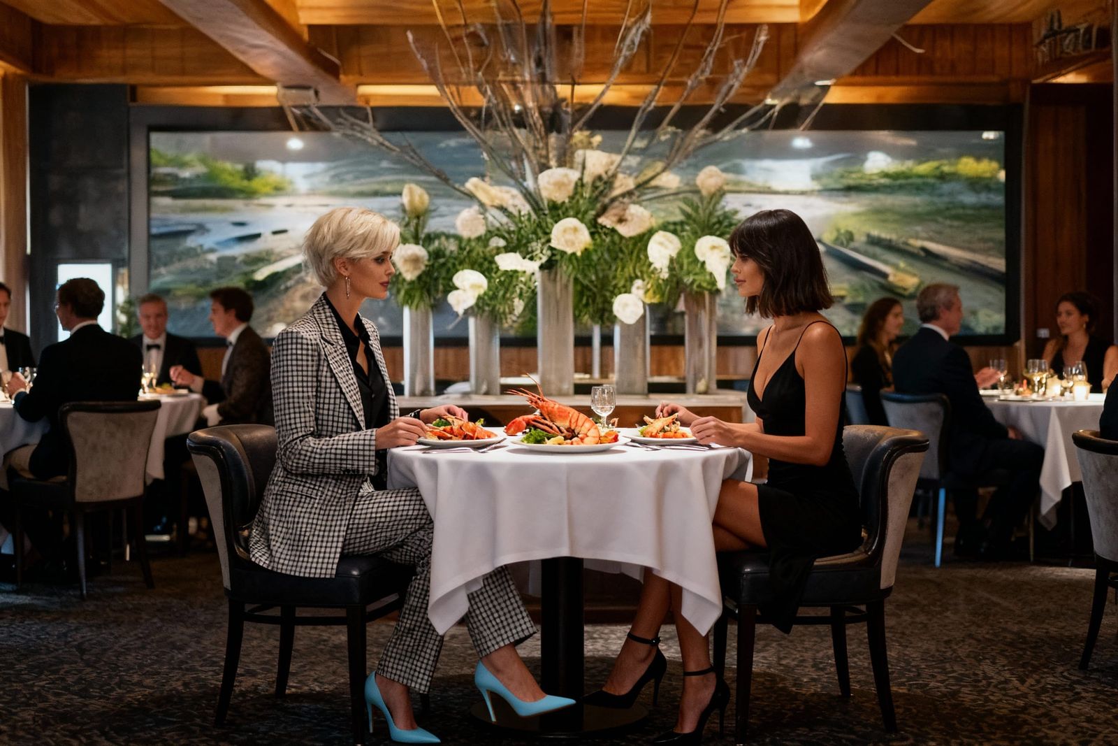 Elegant Dinner: Two Women Enjoy Seafood in Upscale Restauran...