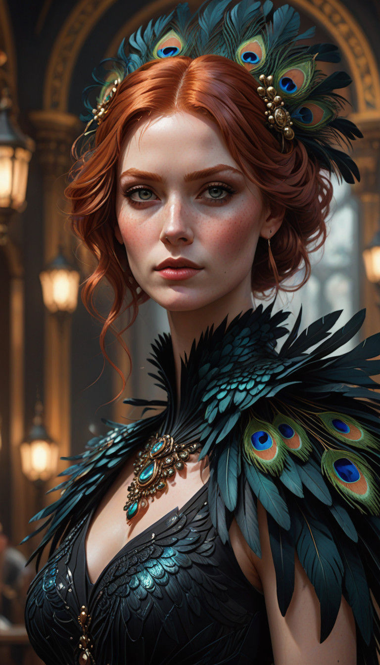 Elegant Redhead Goddess in Black Peacock Feather Dress