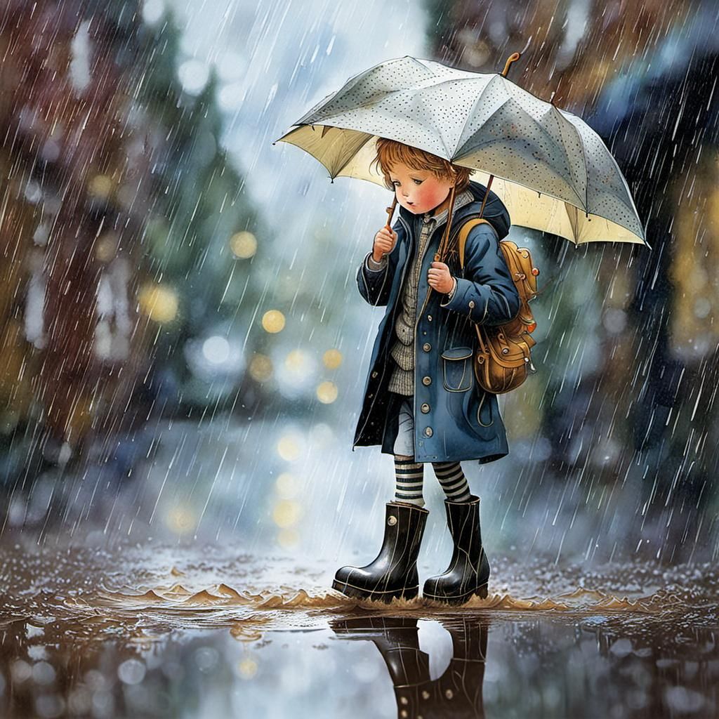 Child in Boots Plays in Rainy Puddle