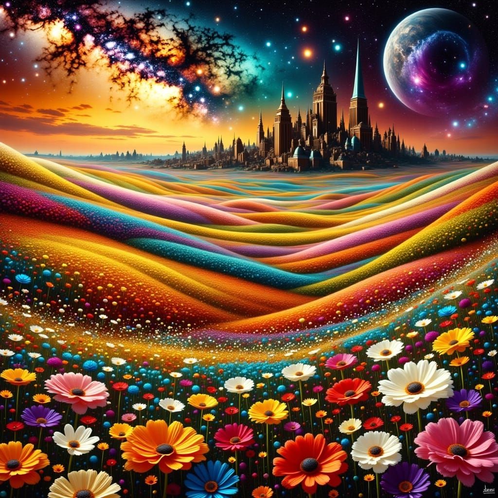 Cosmic Cityscape Amidst Alien Bloom