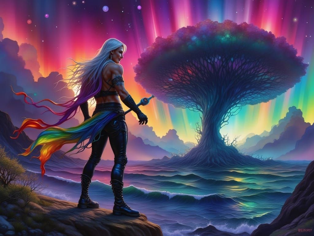 Goth Man on Cliff with Pride Flag and Tornado