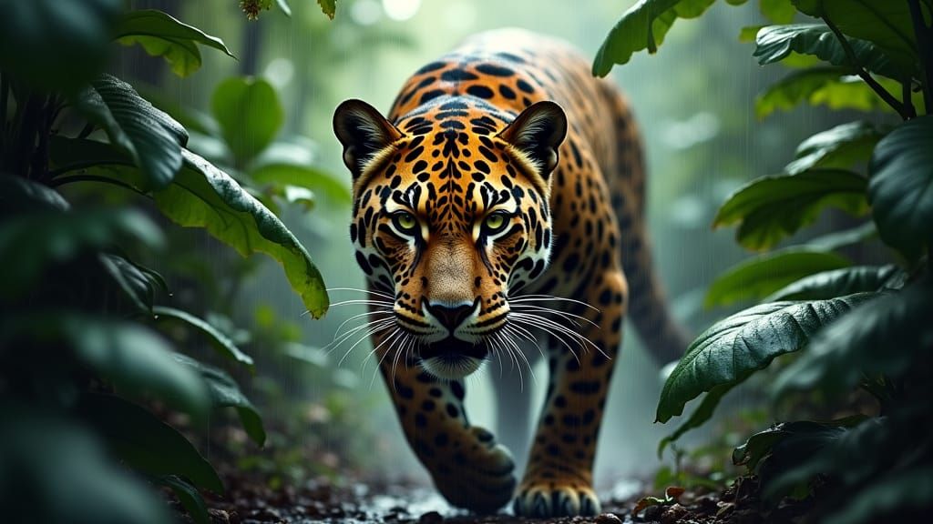 Jaguar Stalks Through Misty Rainforest, Intense Atmospheric ...