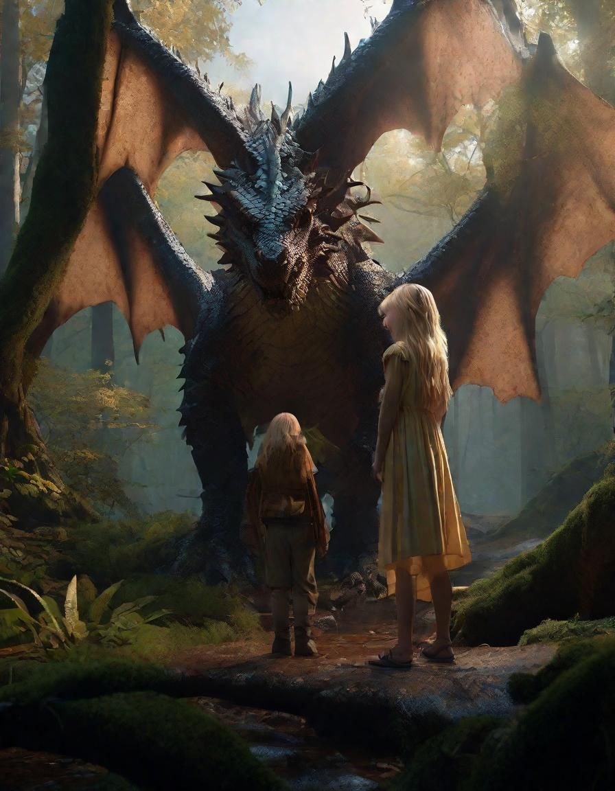 Winged Dragon Protects Girl in Rainy Forest