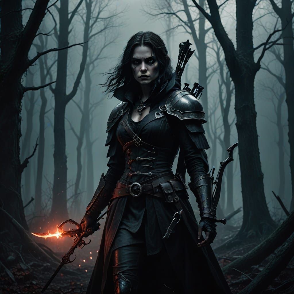 Gothic Female Vampire Hunter in Moody, Dark Fantasy Portrait