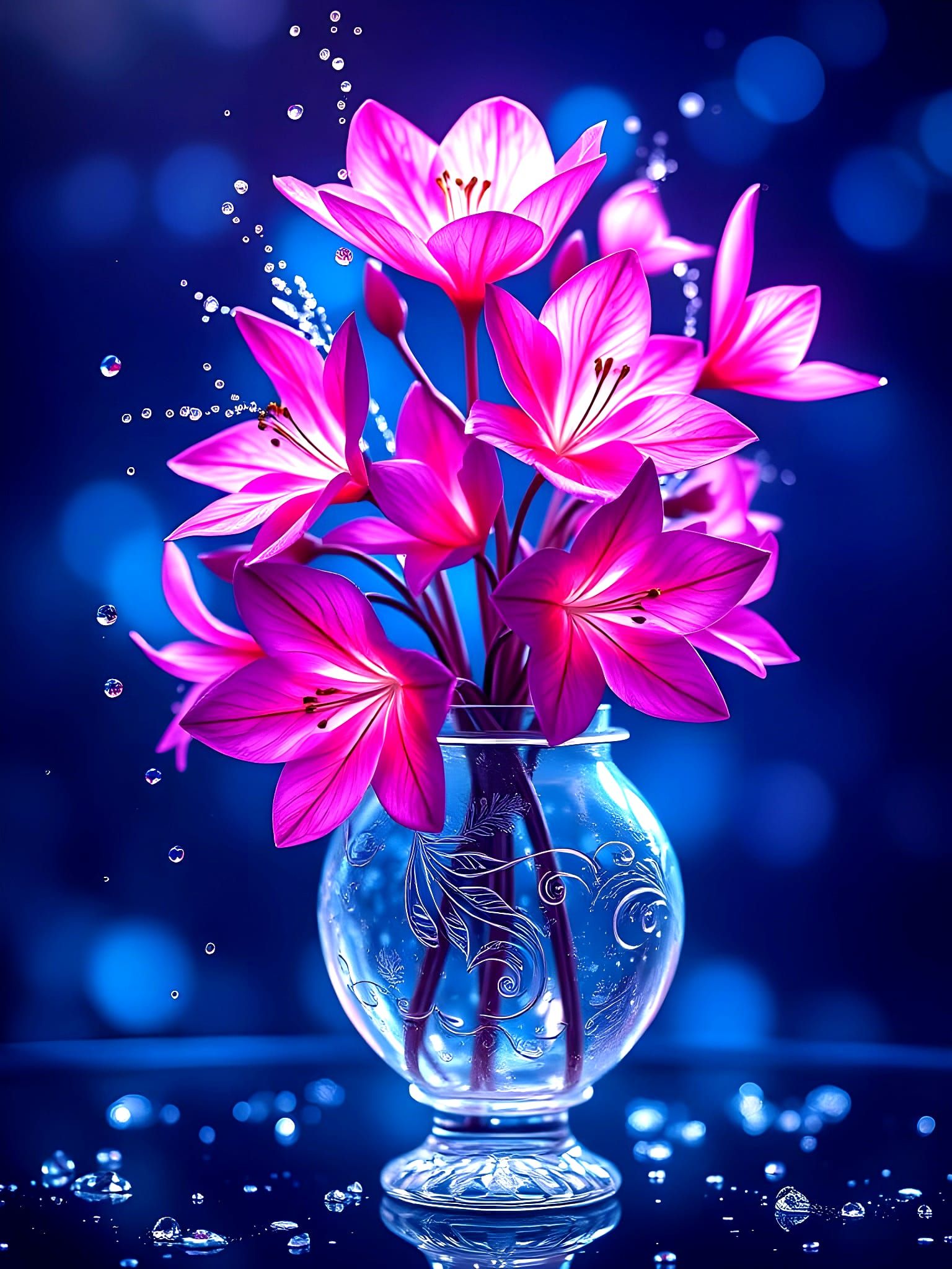 Glowing Vase Filled with Magical Flowers in Ethereal Light