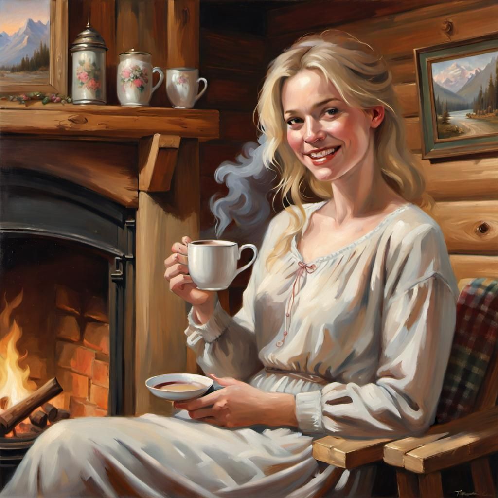 Cozy Cabin: Oil Painting of Woman with Coffee