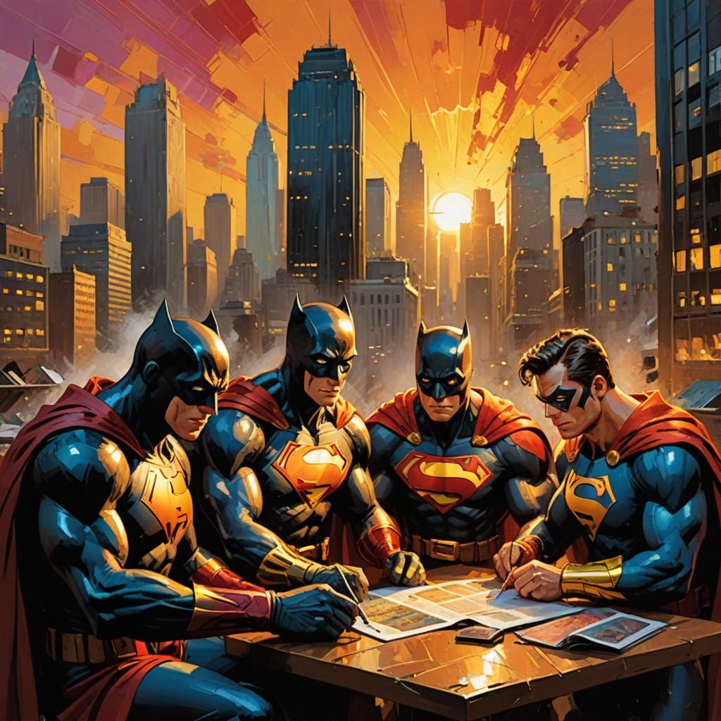 Superheroes Reading Comics in a Vibrant Cityscape