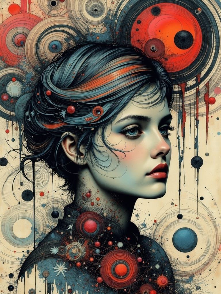 Gothic Woman Portrait with Abstract Zentangle Elements