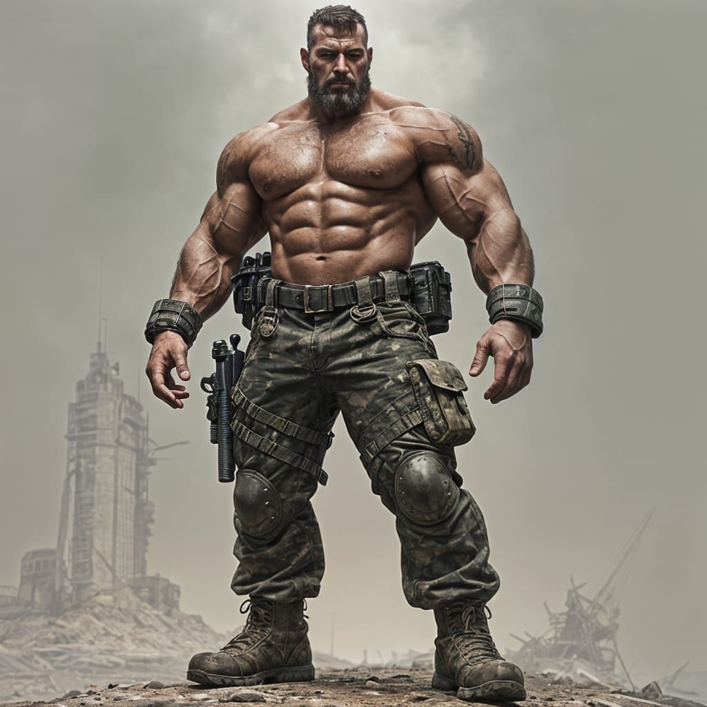 Heroic Muscular Soldier in Hyper-Realistic Style