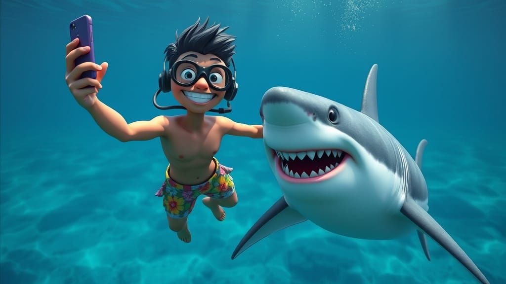 Alien Diver Selfie with Shark in 3D Cartoon Style