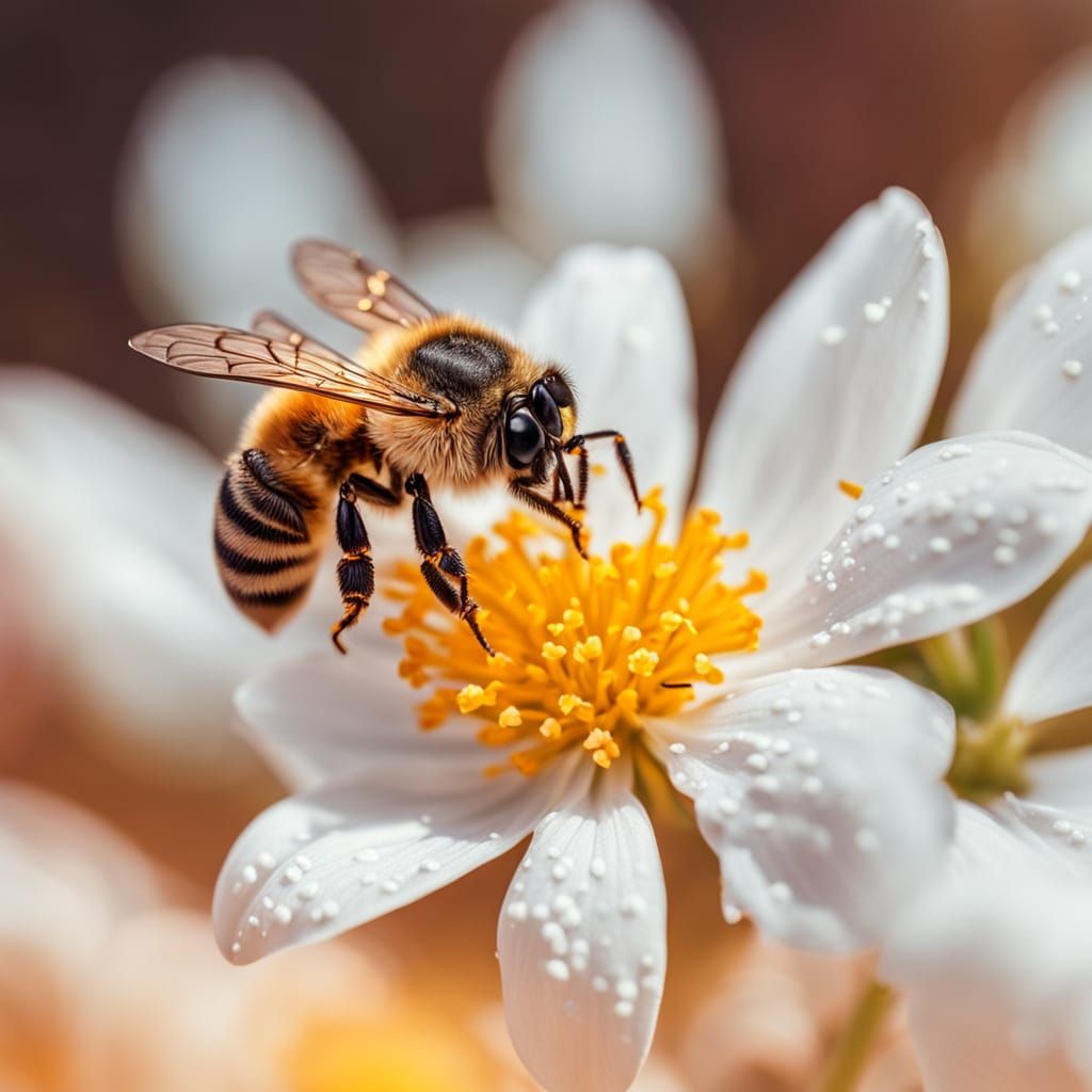 Macro image of a bee pollinating a flower.