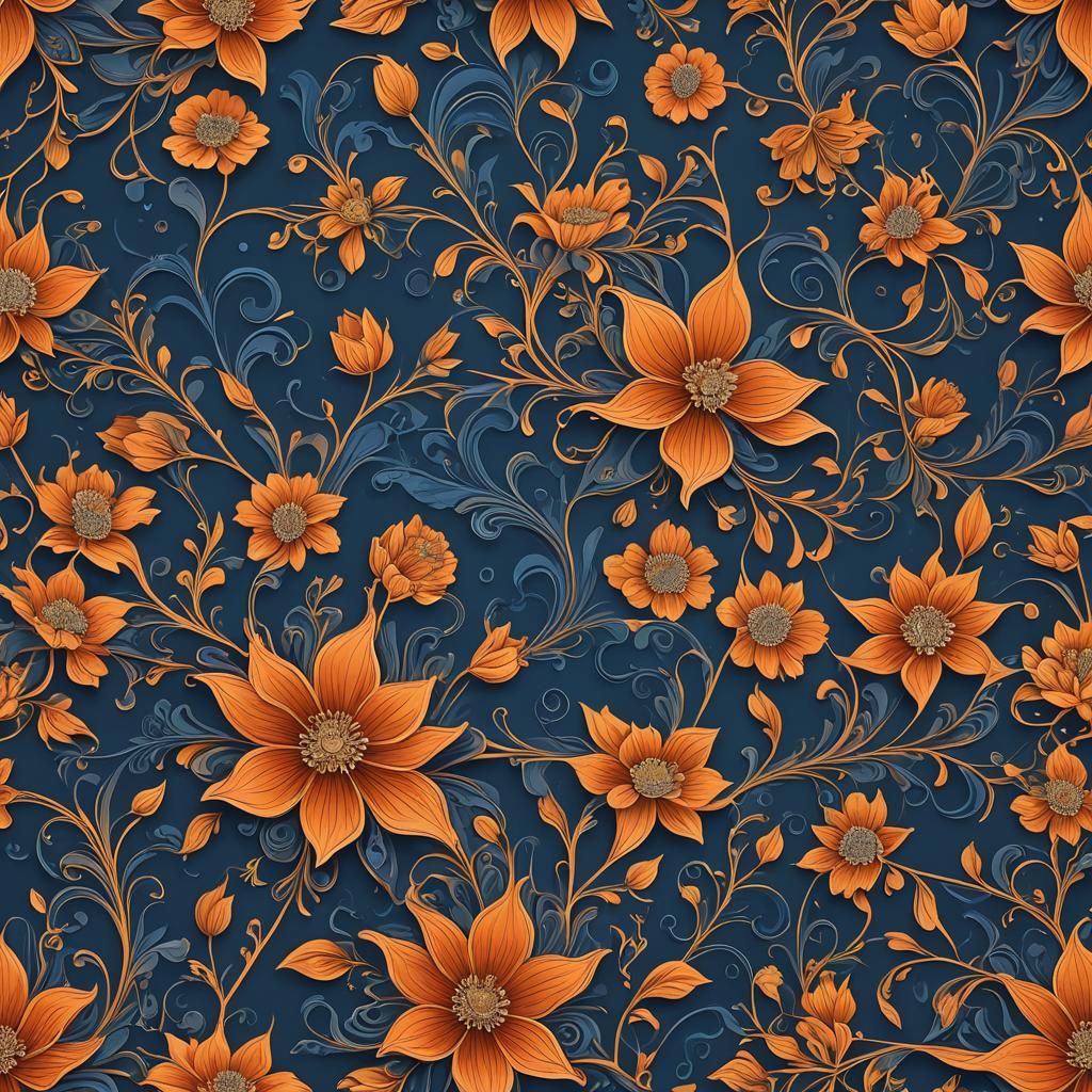 Elegant Flower Line Art in Deep Blues and Oranges