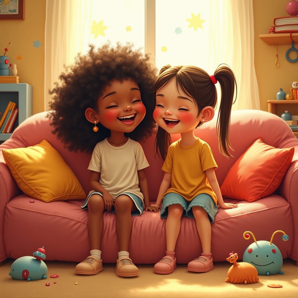 Girls' Laughter on a Cozy Couch, Whimsical Illustration