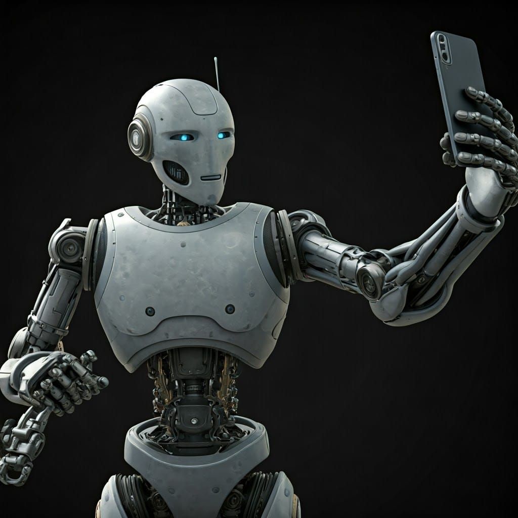 Robot Takes a Selfie in a Futuristic Cityscape