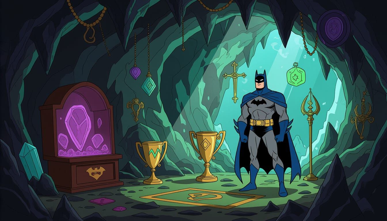 Batman's Mystic Trophy Room in Comic Art Style