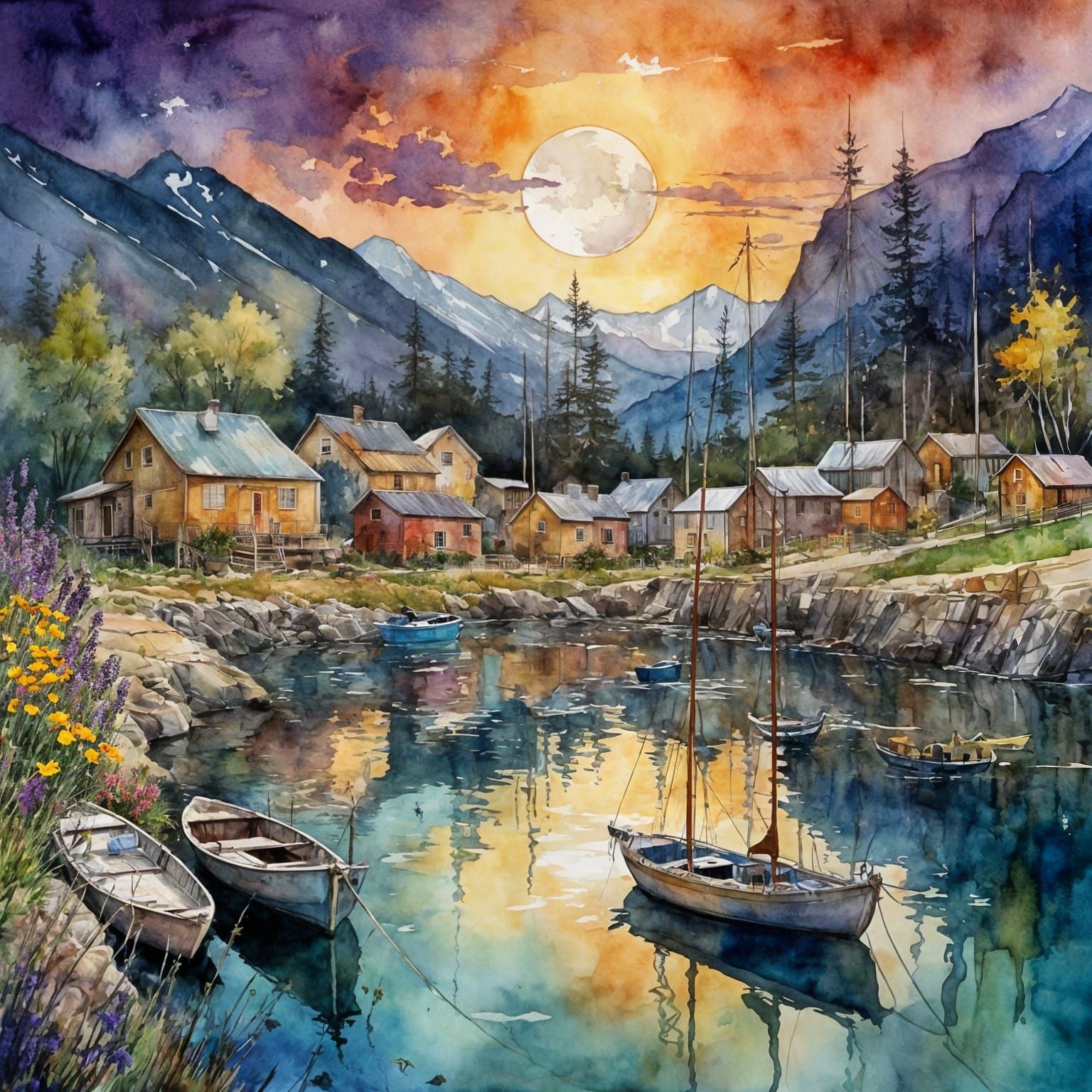 Picturesque Watercolor Fishing Village at Dusk