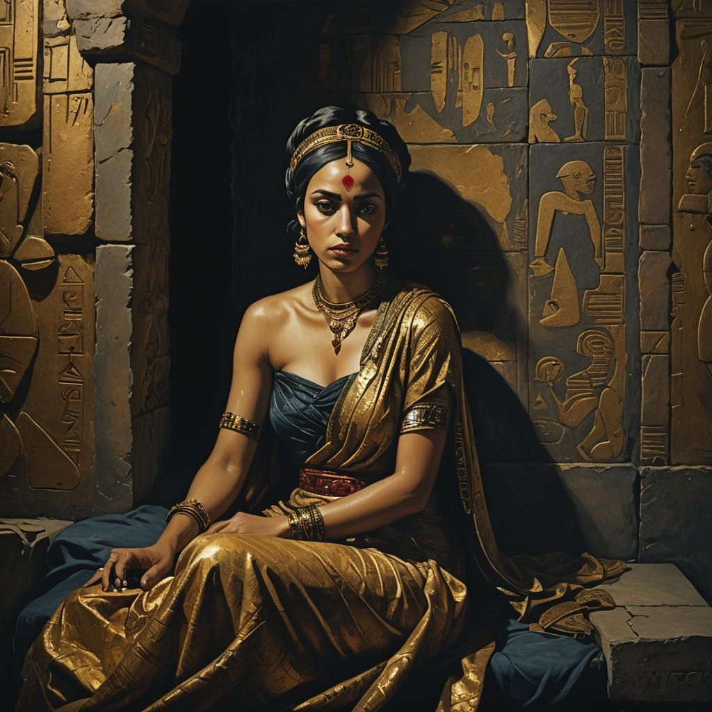 Eerie Odalisque in Mystical Chamber, Surrealist Dark Fantasy