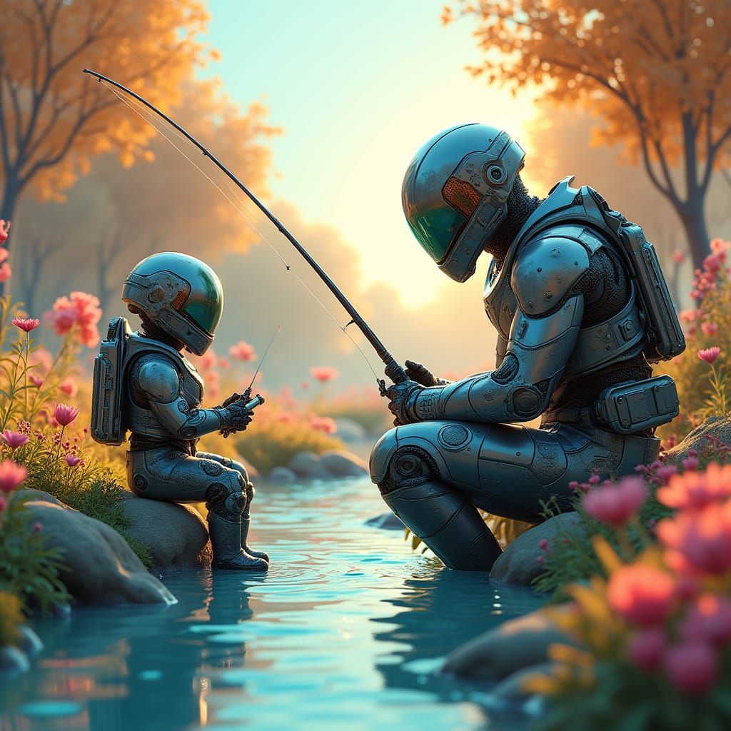 Cyber Fishing: Futuristic Father and Son in 3D Render