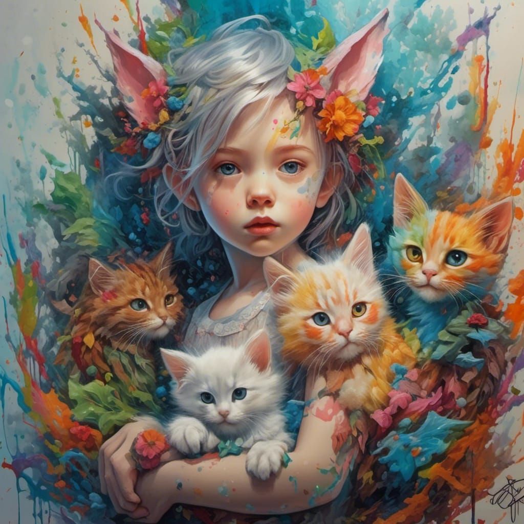 Babies with Kitten in Detailed Graffiti Art Style
