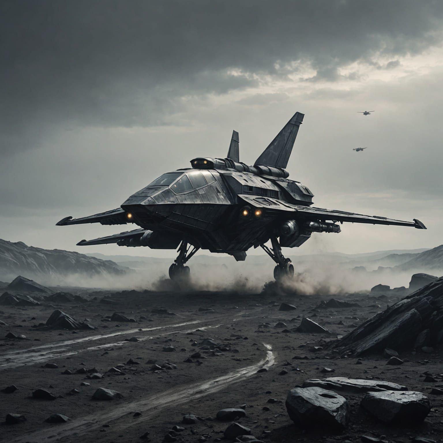 Starship Zooms Across Misty Alien Landscape