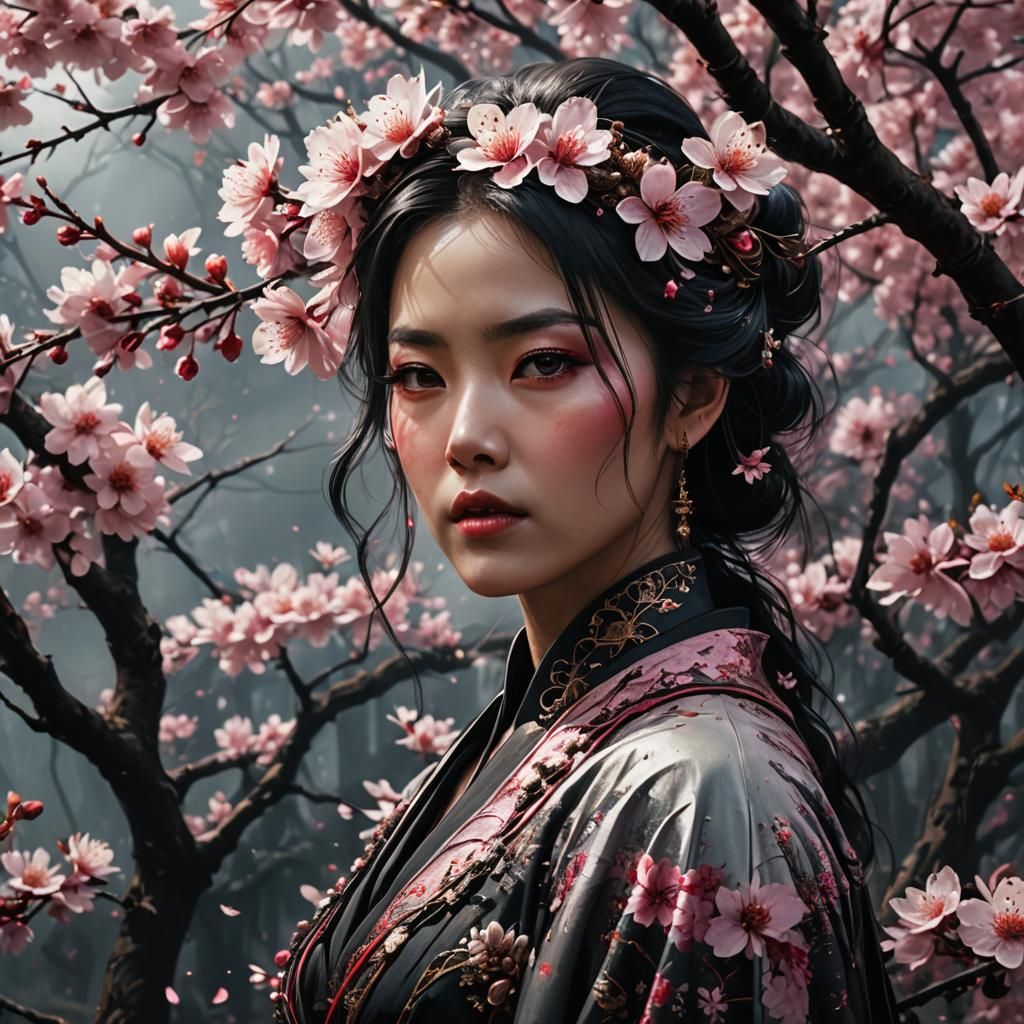 Goth Woman with Cherry Blossoms in Surreal Collage