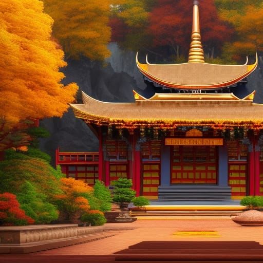 Autumn Buddhist Temple: Detailed Matte Painting