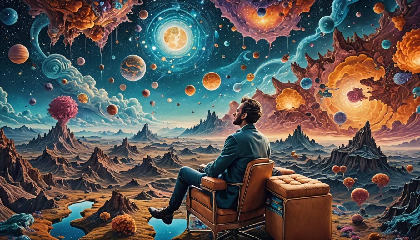 Man in Chair Floating in Surreal Astral Landscape