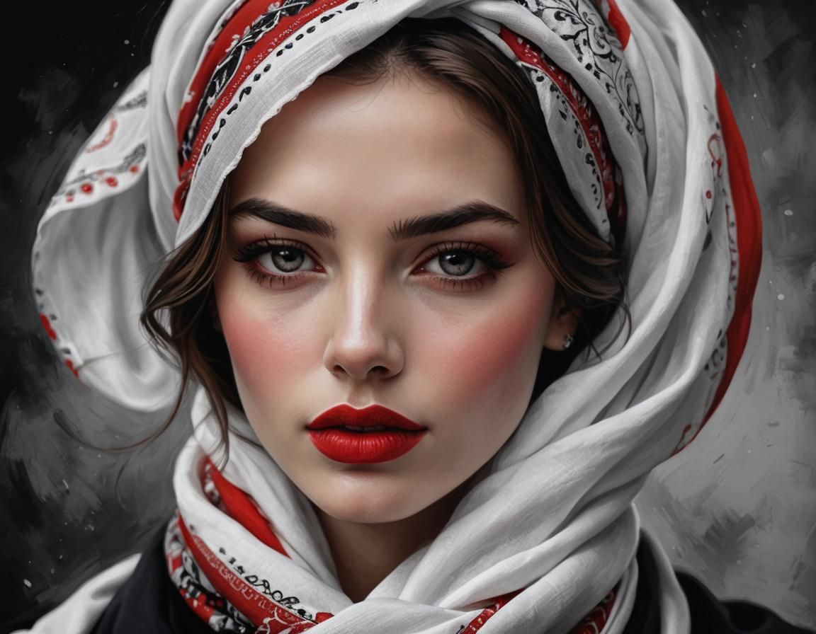 Woman in Red Scarf: Detailed Digital Painting