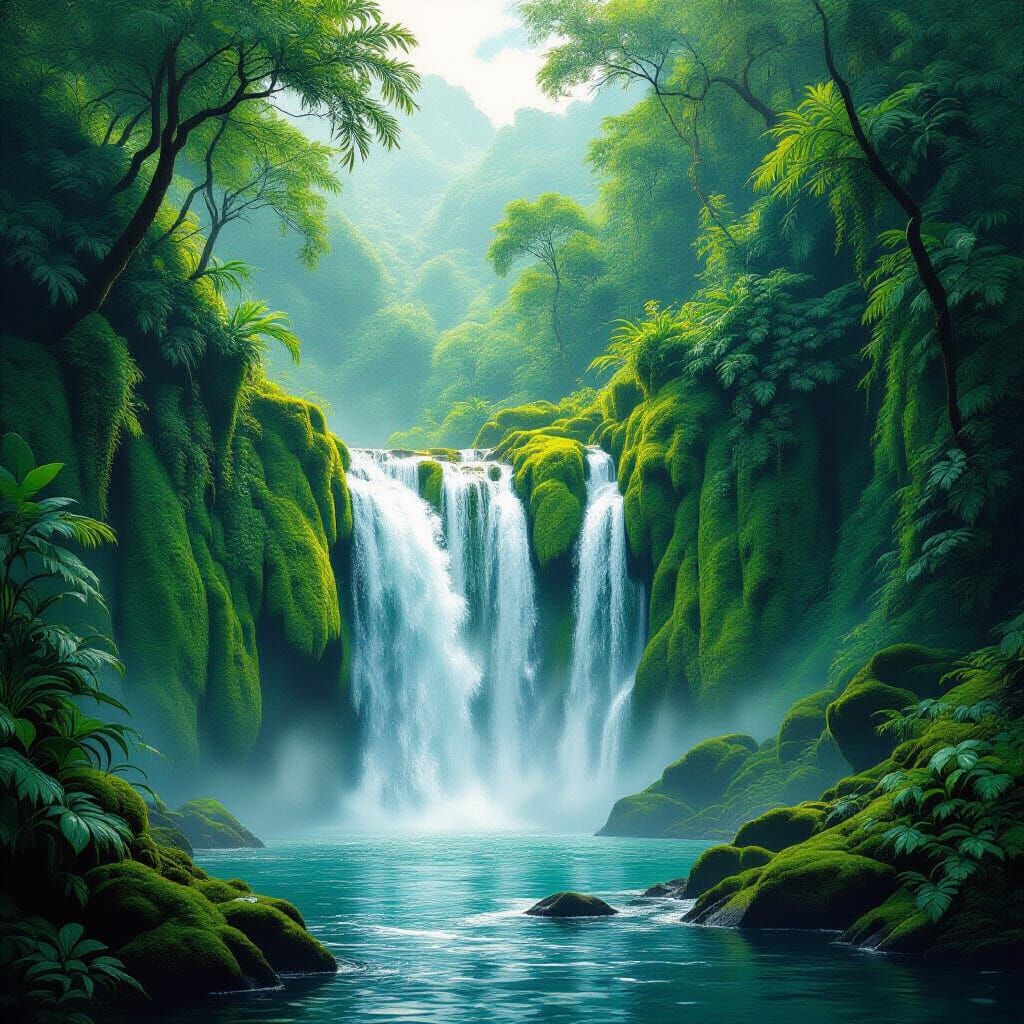 Lush Waterfall Scene in Classic Style