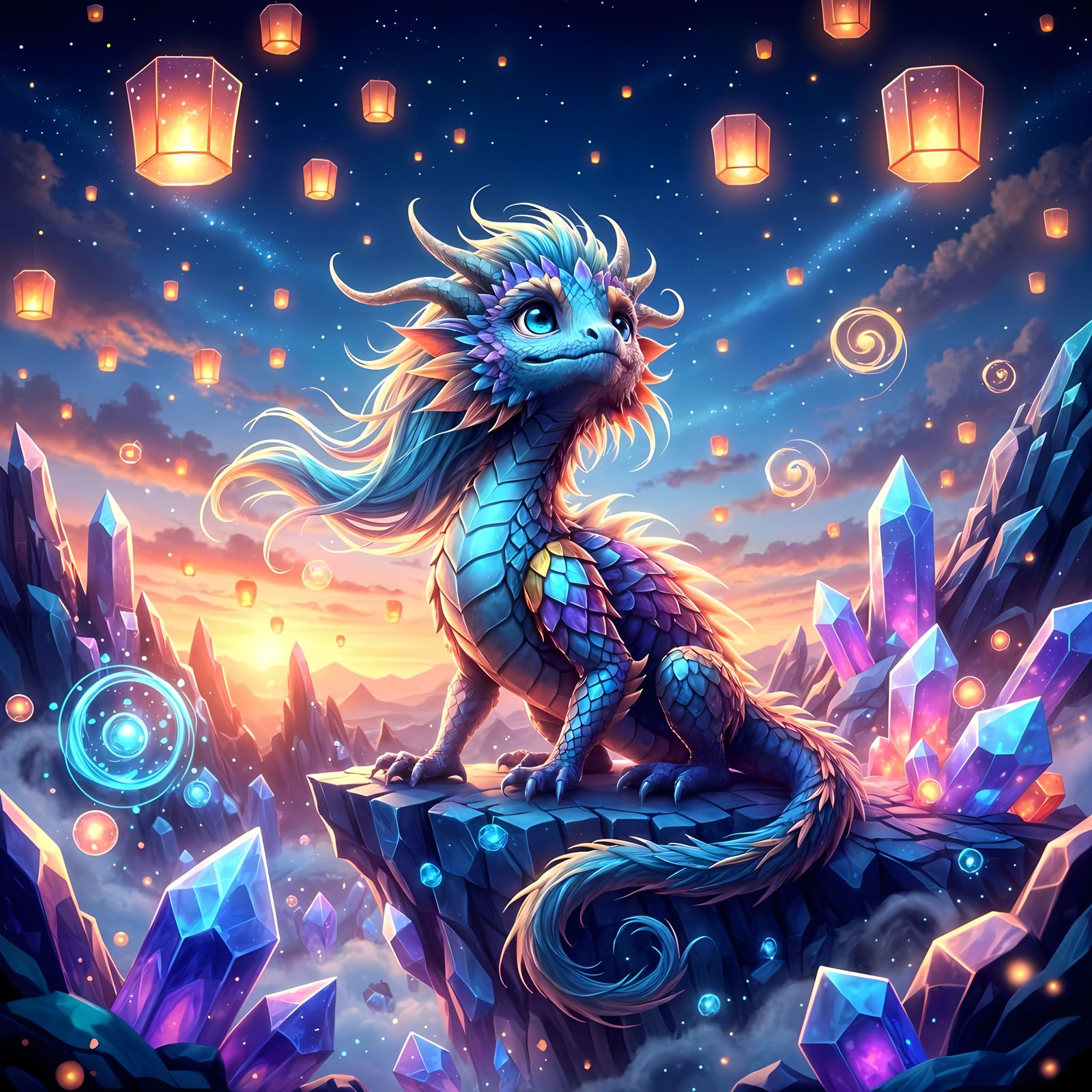Gemstone Dragon on Crystal Cliff in 3D Anime Style