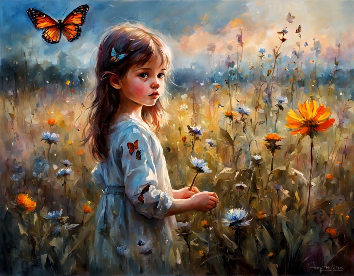 Whimsical Morning Scene with a Toddler Girl and Wildflowers