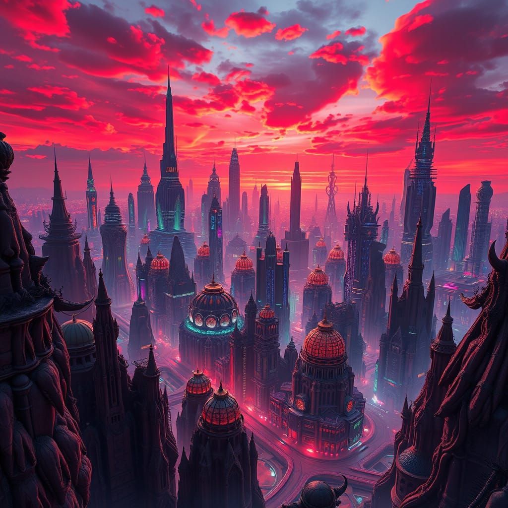 Surreal Futuristic Metropolis Erupts Against the Scarlet Sky