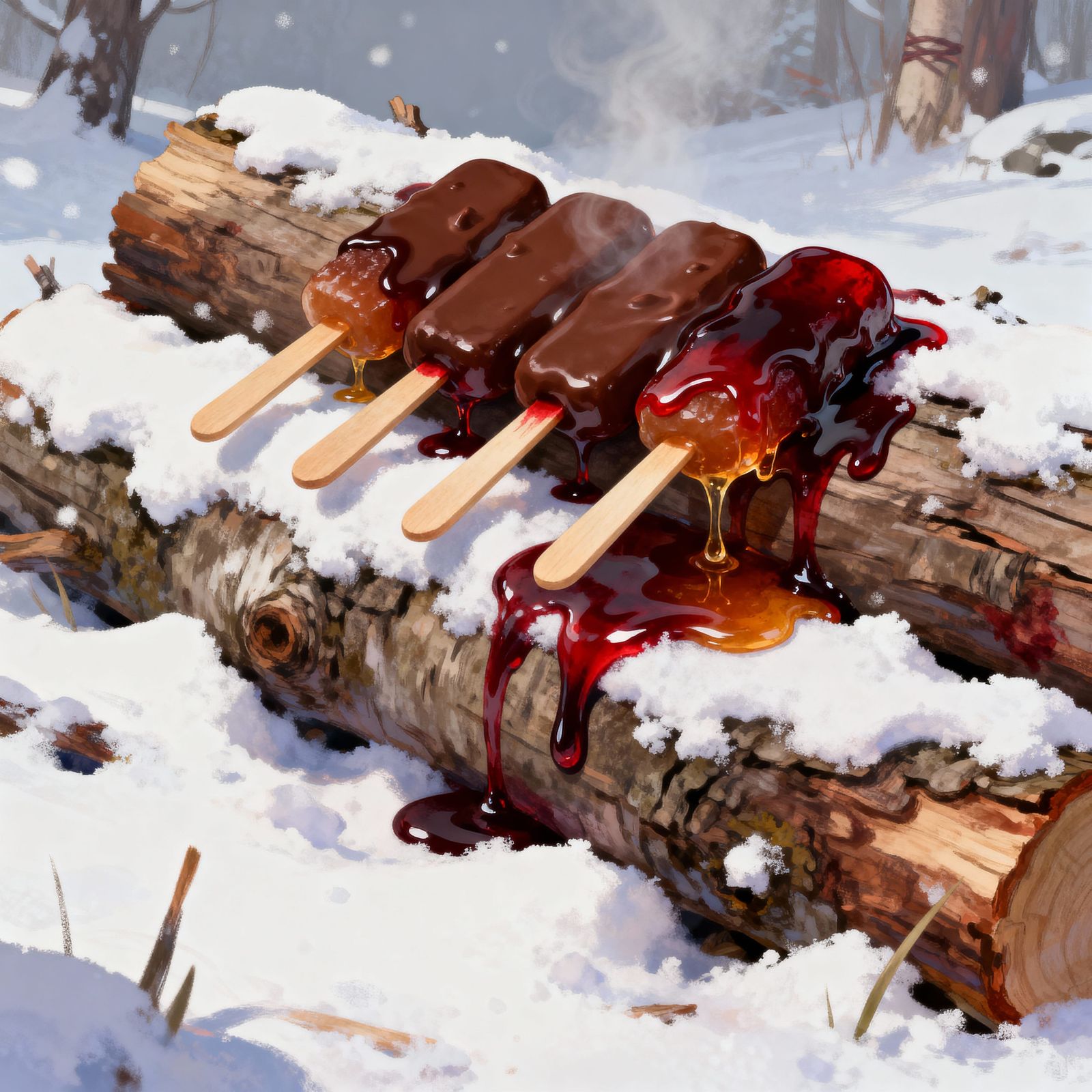 Snow Treat: Chocolate, Syrup, and Blood on Lolly Sticks