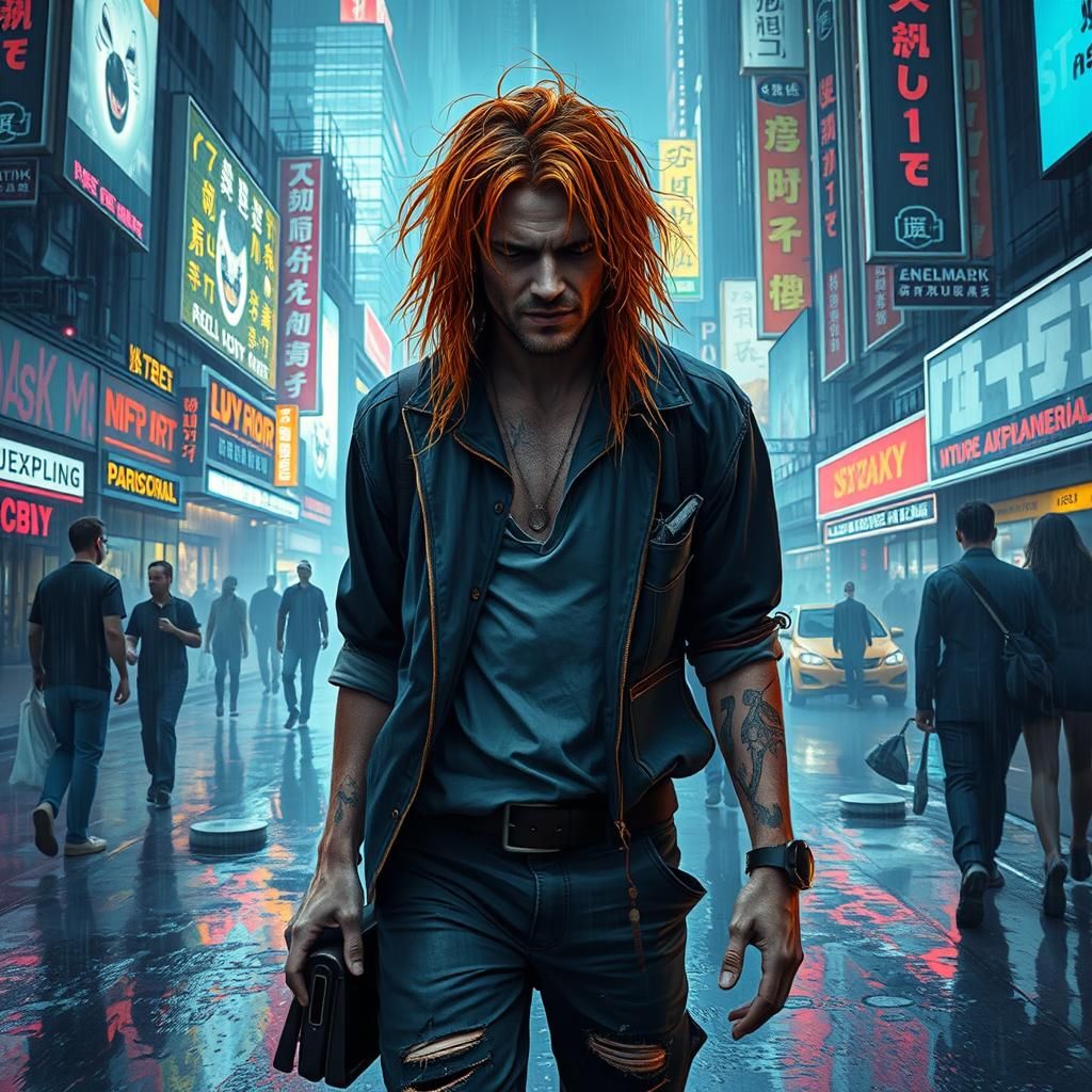 Ginger-Haired Man in Dystopian Cyberpunk Cityscape