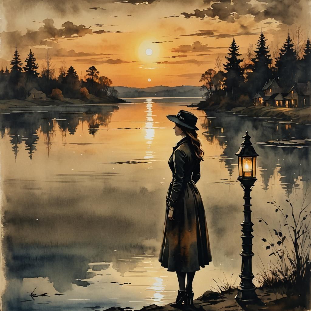 Woman at Sunset: Vintage Steampunk Ink Painting