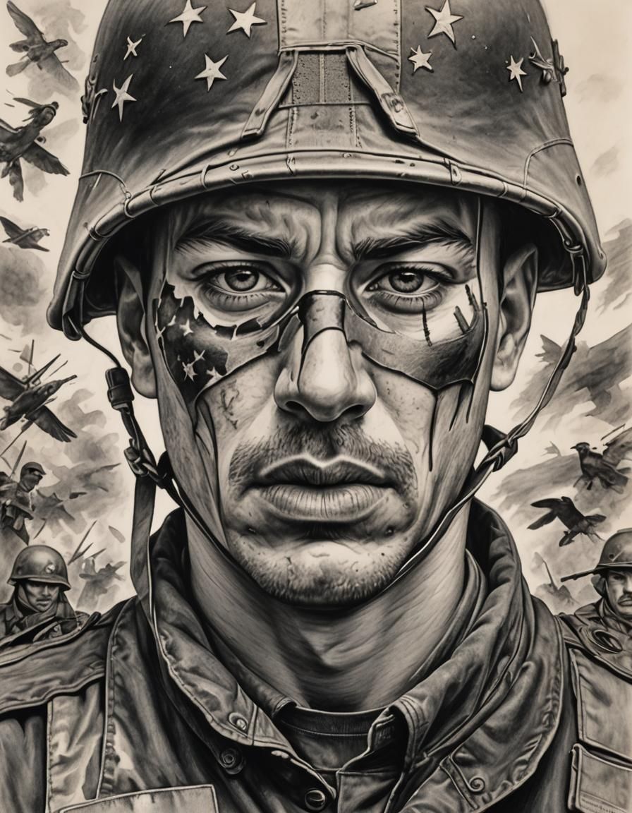 Pencil Portrait of Soldier with a Thousand Yard Stare