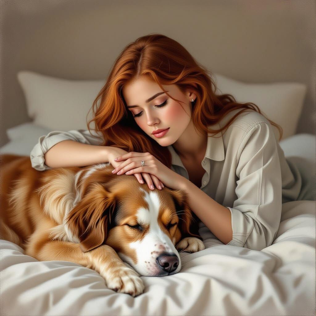 Woman and Dog in Tender, Reflective Scene