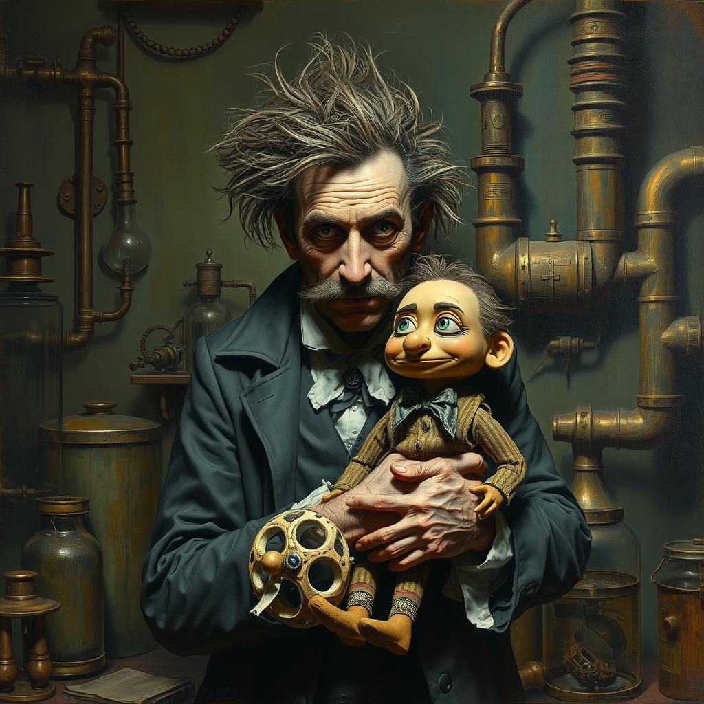 Mad Scientist Embraces Doll in Steampunk Lab