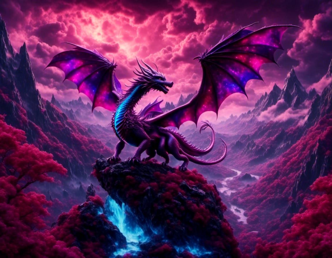 Magenta Dragon Rears Under Stormy Sky as Oil Painting